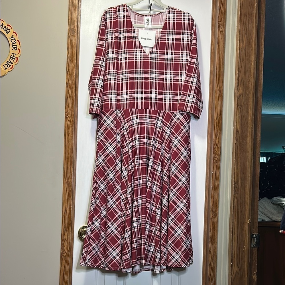 Agnes & Dora Red and White Plaid Midi Dress V-Neck 3XL NWT